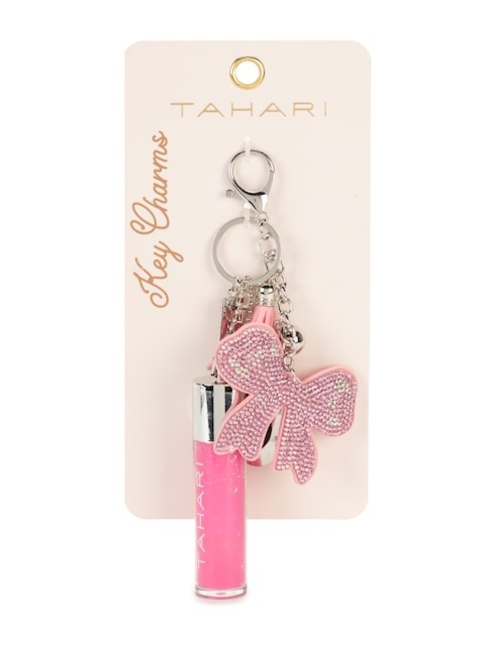 Tahari Pink- 4 Piece Silver Charm Keychain- includes Pink Berry Breeze Lip Gloss